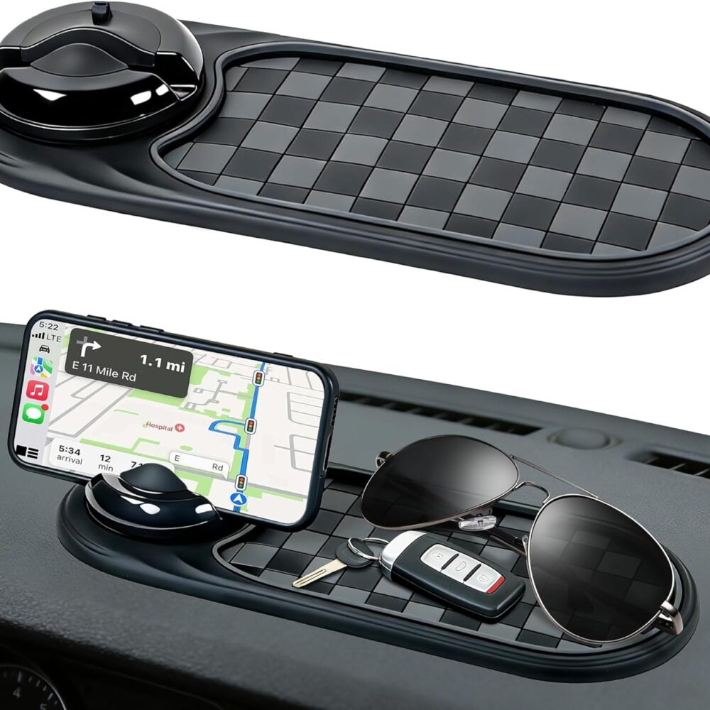 Universal Anti-Slip Car Dashboard Mat with 360° Rotating Phone Holder – Multi-Functional Organizer Pad for Phones, Sunglasses, Keys, and Daily Essentials (Gray Black)